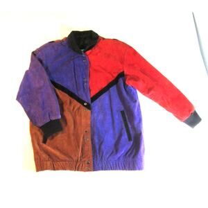 Vintage Jacqueline Ferrar Women's L Color Block Genuine Suede Leather Jacket 90s